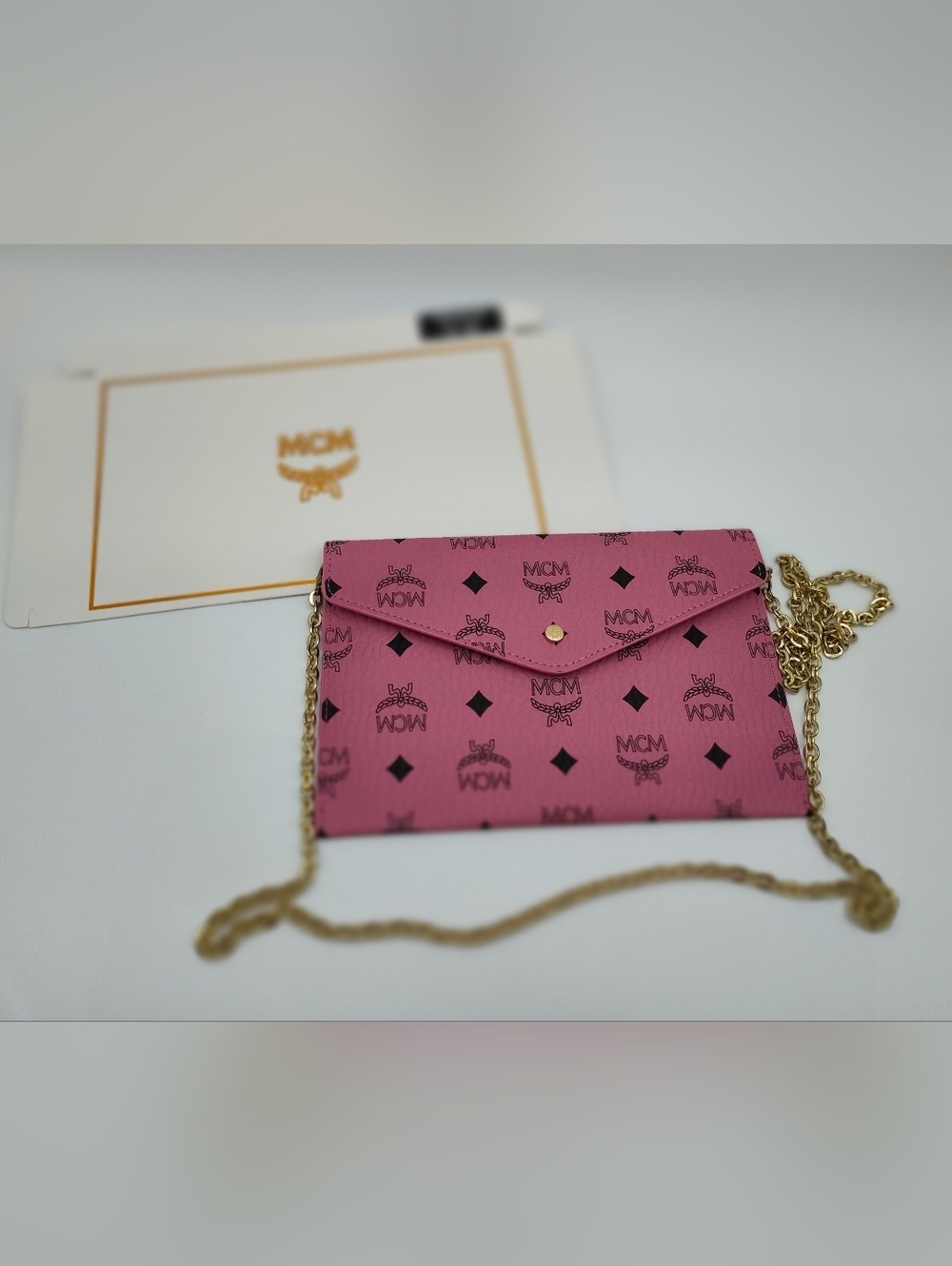 MCM Pink Visetos Envelope Chain Wallet Crossbody Clutch Beauté NIP With Insert
